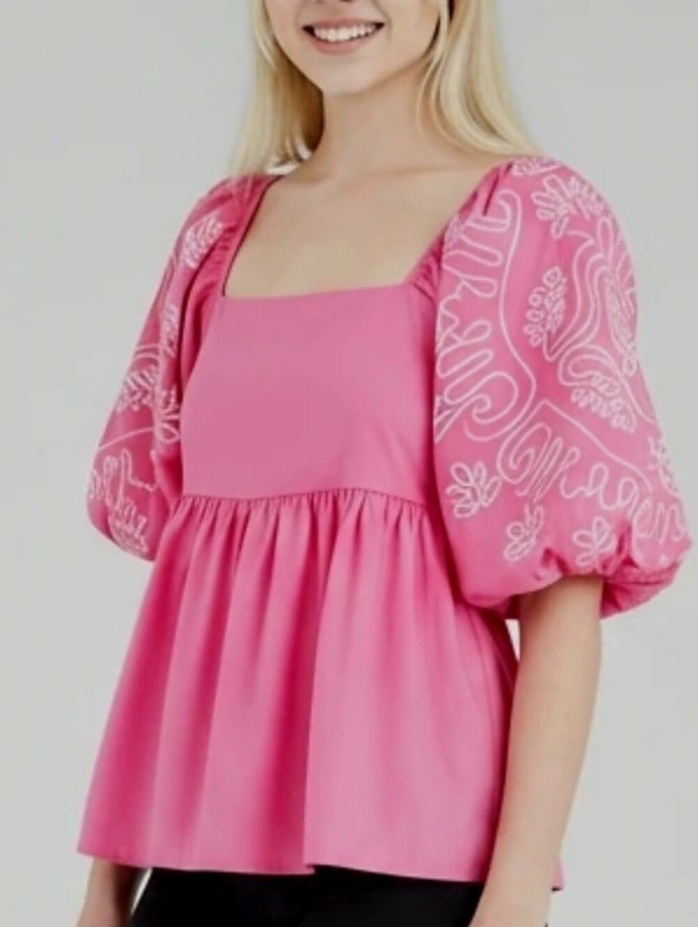THML Embroidered Square-Neck Puff-Sleeve Blouse Top